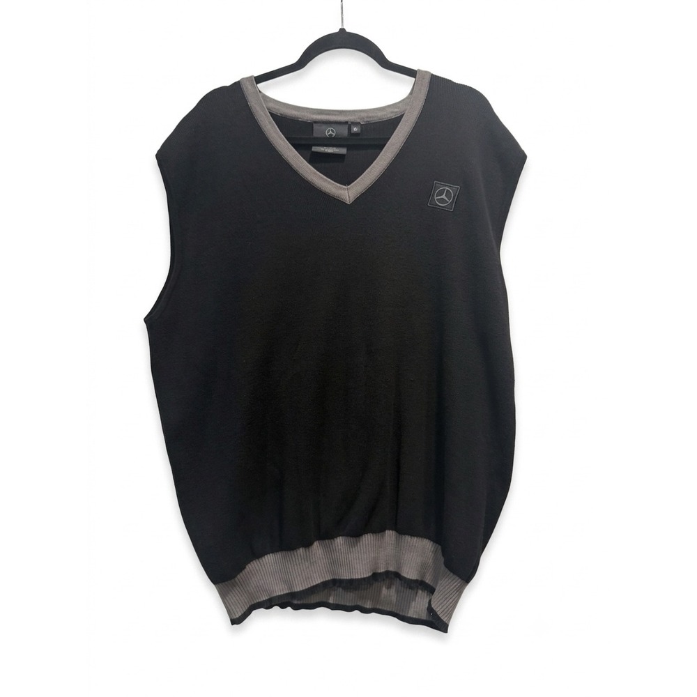 Mercedes-Benz Mens XL V-Neck Sweater Vest Black Grey 100% Cotton Logo Knit